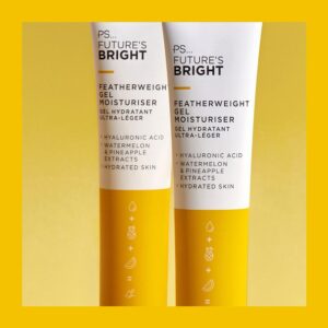 A long thin conical white plastic tube with a white plastic lid that has Primark PS Futures Bright Featherweight Gel Moisturiser written in bold black writing and a picture of a bright yellow stripe on it, on a white background.