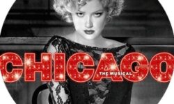 A poster of a tall blond woman wearing a long black dress that has Chicago written in bright red twinkling lights next to it, on a white background.