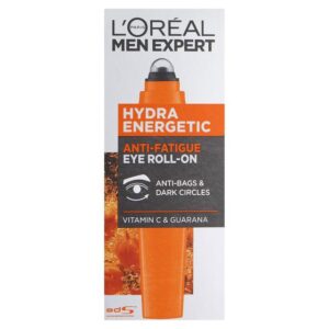A long and thin bright orange plastic tube with a gradient black and bright orange label that has L’Oreal Men Expert Hydra Energetic Anti-Fatigue Eye Roll-On written in bold white writing on it, on a white background.