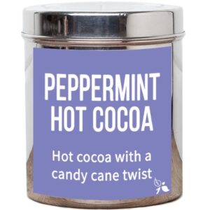 A short cylindrical silver metal tin with a dark purple label that has bird & blend tea company Peppermint Hot Cocoa Loose Leaf Tea written in bold white writing on it, on a white background.