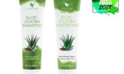 A tall cylindrical White Plastic Bottle with a white plastic lid and a white label that has Forever Living Aloe Jojoba Shampoo written in bright green writing and some pictures of some large dark green aloe vera leaves on it next to a tall cylindrical White Plastic Bottle with a white plastic lid and a white label that has Forever Living Aloe Jojoba Conditioner written in bright green writing and some pictures of some large dark green aloe vera leaves on it, on a white background.