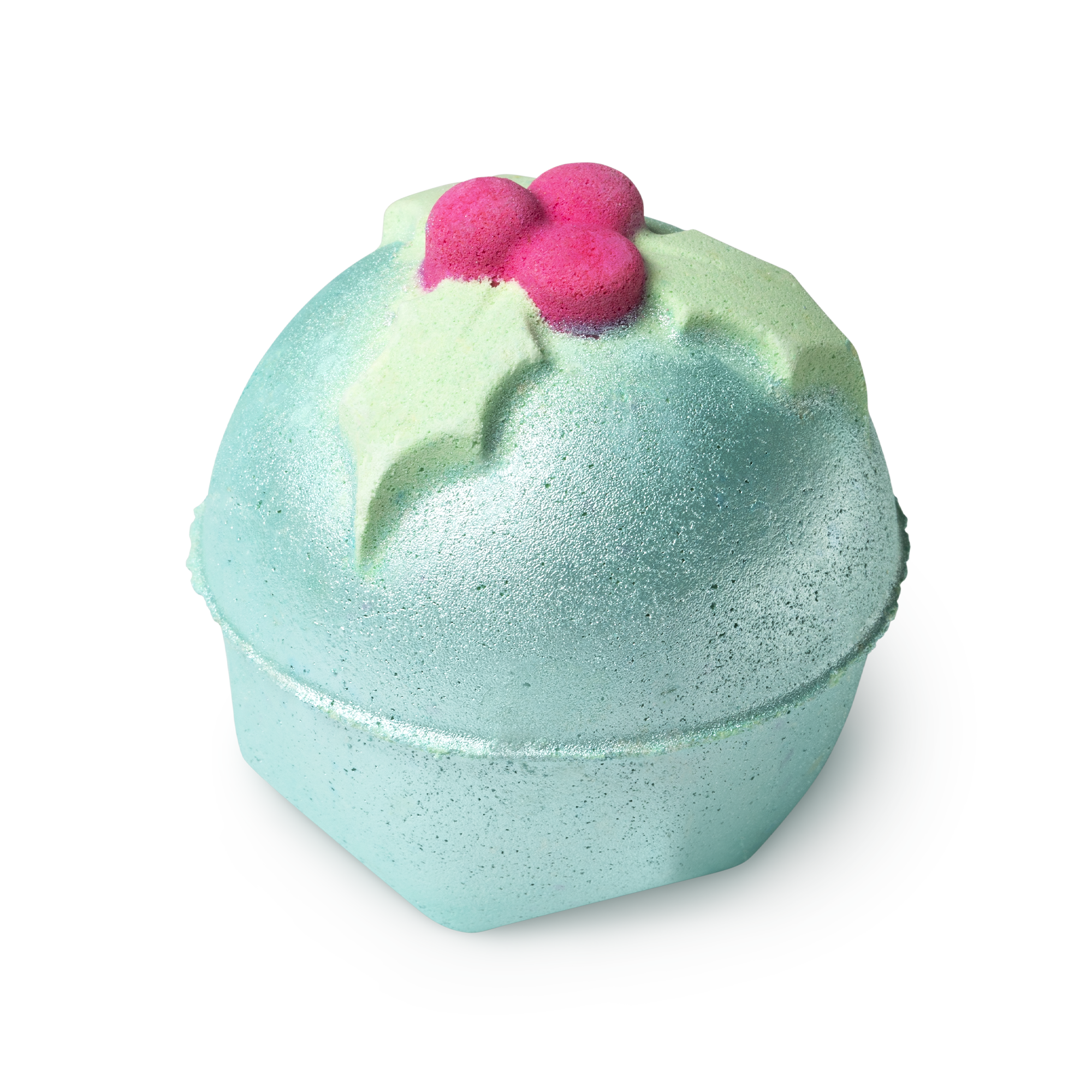 A large bright white rounded hexagonal shaped bath bomb that has a dark green and red 3d Holly Leaf and Berries on top of it and some dark green lustre on it, on a white background.