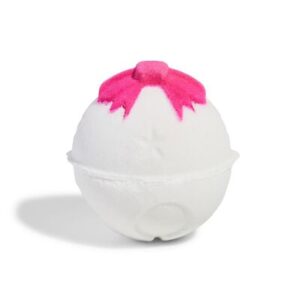 A large bright white spherical shaped bath bomb that has a bright Red 3D Bow wrapped around it, on a white background.