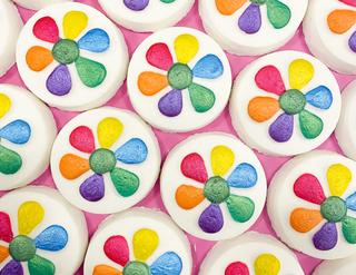A large circular shaped bright white bath bomb that has a bright pink, yellow, orange, purple, blue, and green flower design engraved on it, on a white background.