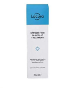 A tall rectangular cardboard box that has Aldi Lacura Glycolic Serum written in bold black writing and a picture of a light blue stripe on it, on a white background.