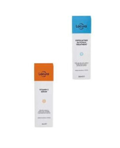 A tall rectangular cardboard box that has Aldi Lacura Glycolic Serum written in bold black writing and a picture of a light blue stripe on it next to a tall rectangular cardboard box that has Aldi Lacura Vitamin C Serum written in bold black writing and a picture of a light orange stripe on it, on a white background.