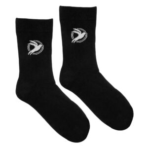 A pair of quarter length black bamboo socks that have a picture of a white open winged swallow inside two white circles on it, on a white background.