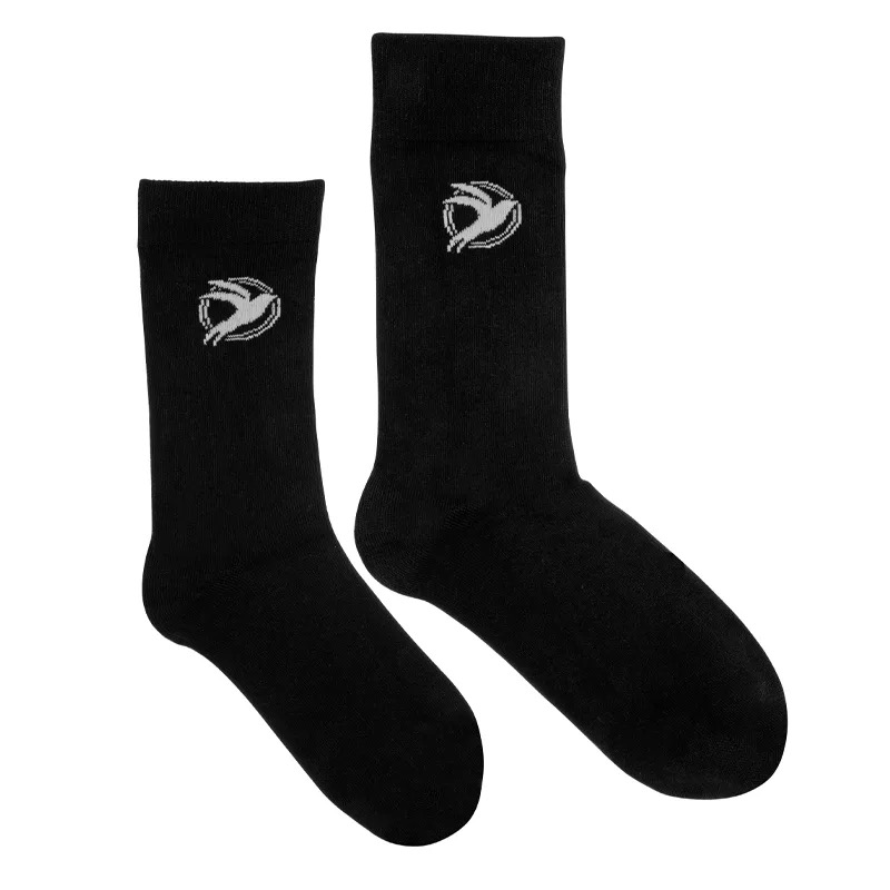 The Prima Feeling Of Bamboo On My Feet | PrimaBerry Minimalists Black Bamboo Socks | Gifted A pair of crew length black bamboo socks that have a picture of a white open winged swallow inside two white circles on it, on a white background.