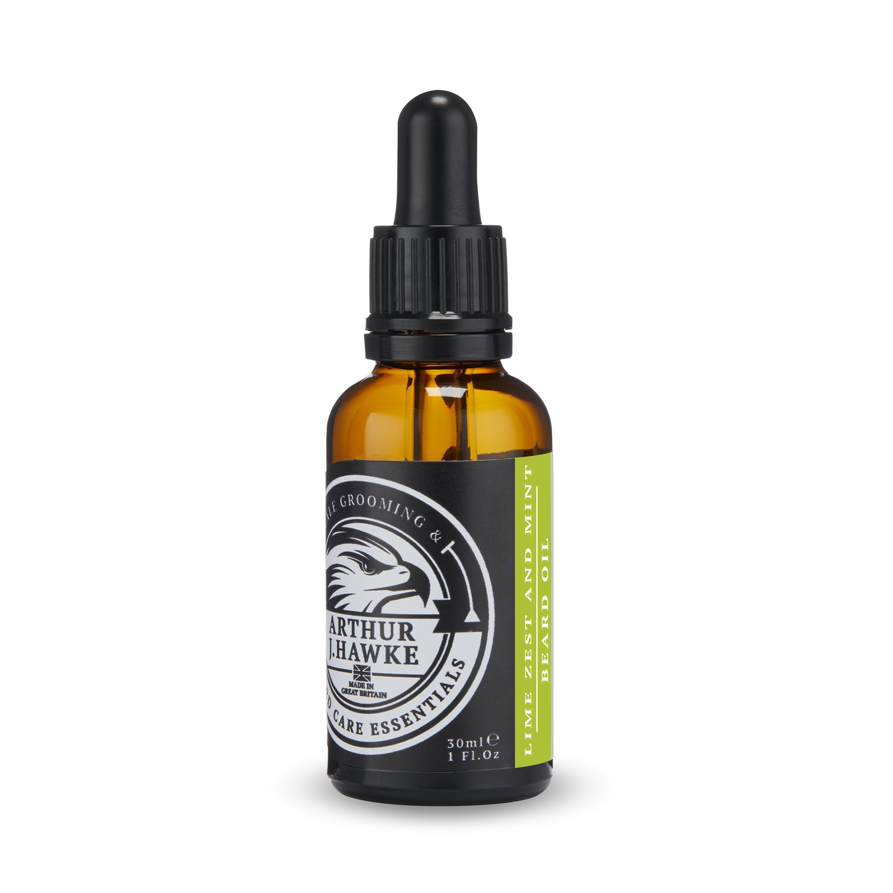 Whoops I Accidentally Got Some Of My Mojito In My Beard | Arthur J Hawke Lime Zest & Mint Beard Oil A short cylindrical brown glass bottle with a black rubber pipette lid and a white label that has Arthur J Hawke Lime Zest & Mint Beard Oil written in bold white writing and a picture of a black and white hawk on it, on a white background.
