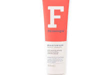 A tall conical white plastic tube that has Farmologie Moro Orange Moisturiser written in bold black writing, a picture of a large white letter f, and a pink stripe on it, on a white background.