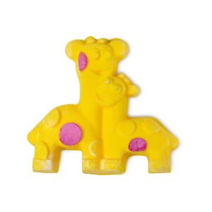A small bright yellow intertwined Giraffe shaped Bubble Bar that has some bright pink polka dots all over it, on a white background.