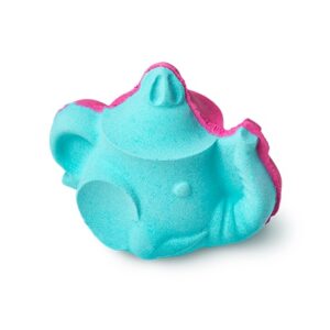 A large gradient bright blue and purple teapot shaped bath bomb that has some large dark brown eyes engraved on it, some light blue elephant tusks, and an elephant’s trunk for a spout on it, on a white background.