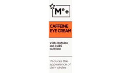 A tall and thin conical white plastic tube that has Superdrug Me+ Brightening Caffeine Eye Cream written in bold black writing and a picture of a bright orange stripe on it, on a white background.