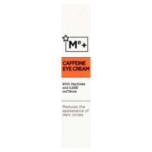 A tall and thin conical white plastic tube that has Superdrug Me+ Brightening Caffeine Eye Cream written in bold black writing and a picture of a bright orange stripe on it, on a white background.