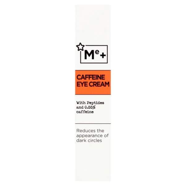 A tall and thin conical white plastic tube that has Superdrug Me+ Brightening Caffeine Eye Cream written in bold black writing and a picture of a bright orange stripe on it, on a white background.