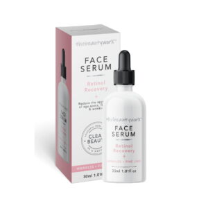 A short cylindrical white glass bottle with a black rubber pipette lid that has The Beauty Worx written in bold black writing and Retinol Recovery Face Serum written in bright pink writing on it next to a tall rectangular white cardboard box that has The Beauty Worx Retinol Recovery Face Serum written in bold black writing on it, on a white background.