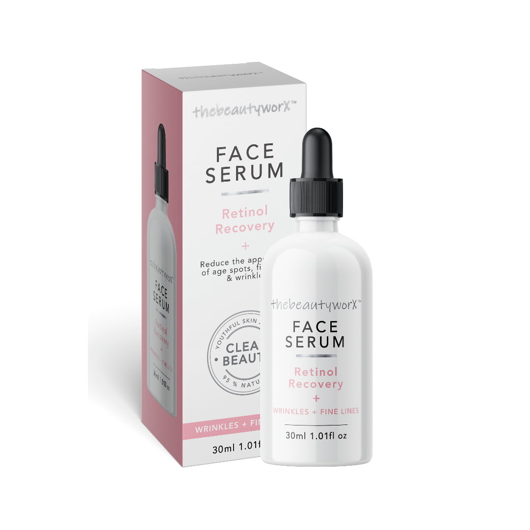 A short cylindrical white glass bottle with a black rubber pipette lid that has The Beauty Worx written in bold black writing and Retinol Recovery Face Serum written in bright pink writing on it next to a tall rectangular white cardboard box that has The Beauty Worx Retinol Recovery Face Serum written in bold black writing on it, on a white background.