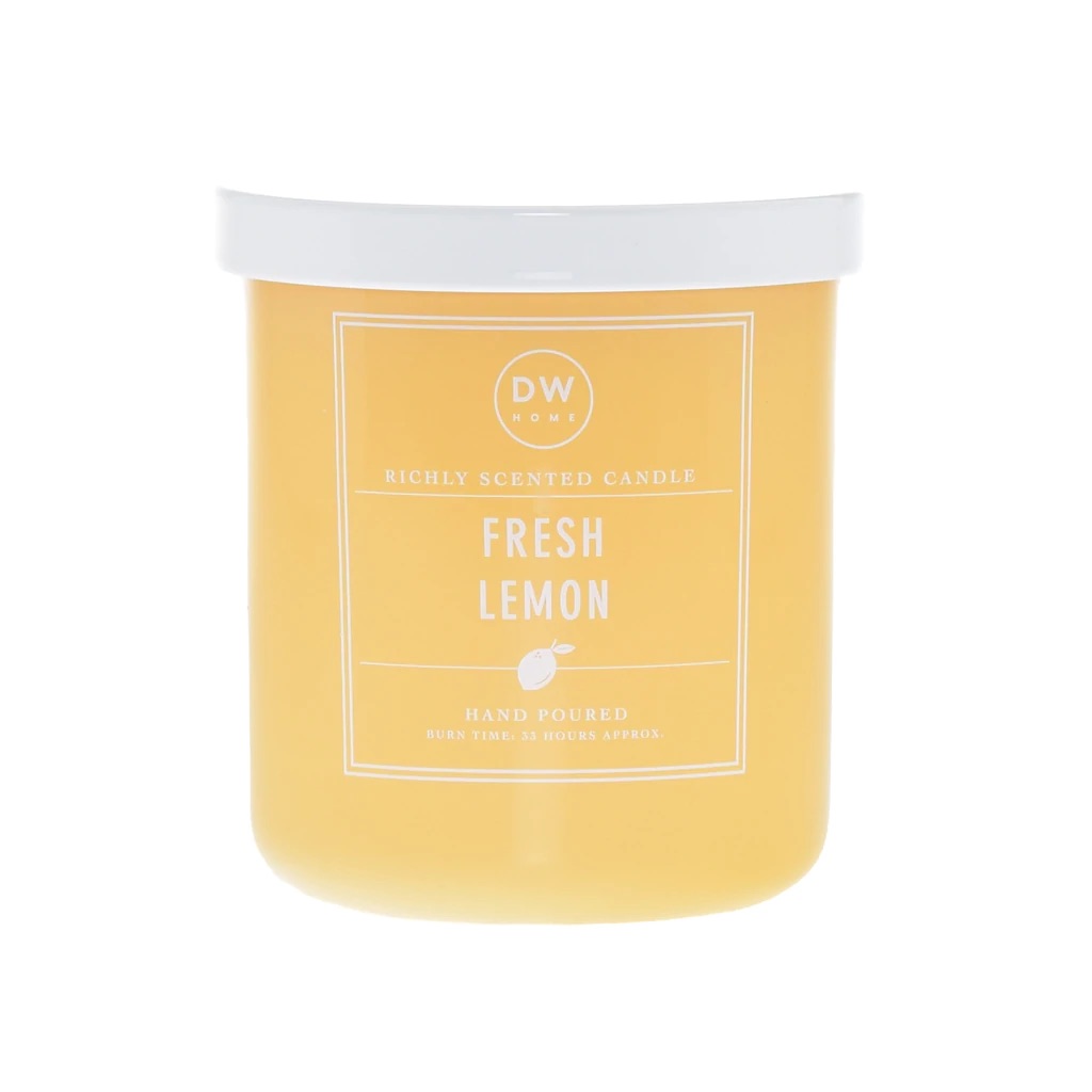 A tall cylindrical clear glass jar full of some bright yellow wax with a white plastic lid and a bright yellow label that has DW Home Candles Fresh Lemon written in bold white writing on it, on a white background.