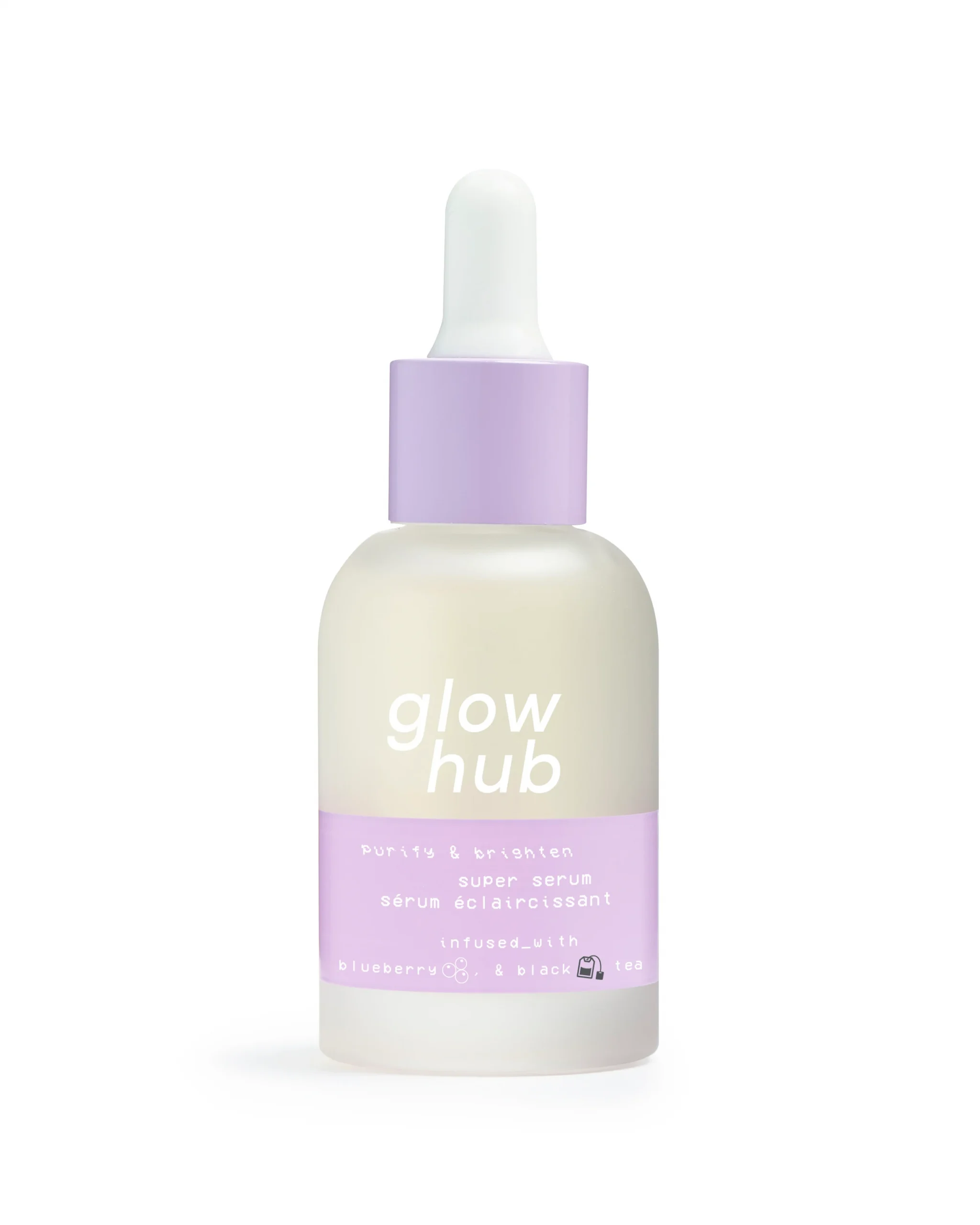 A tall cylindrical white glass bottle with a white rubber pipette lid and a pale lilac label that has Glow Hub Purify & Brighten Super Serum written in bold white writing on it, on a white background.