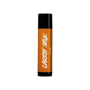 A short cylindrical black plastic tube with a bright orange label that has Lush Carrot Stick Lip Oil written in bold white writing on it, on a white background.