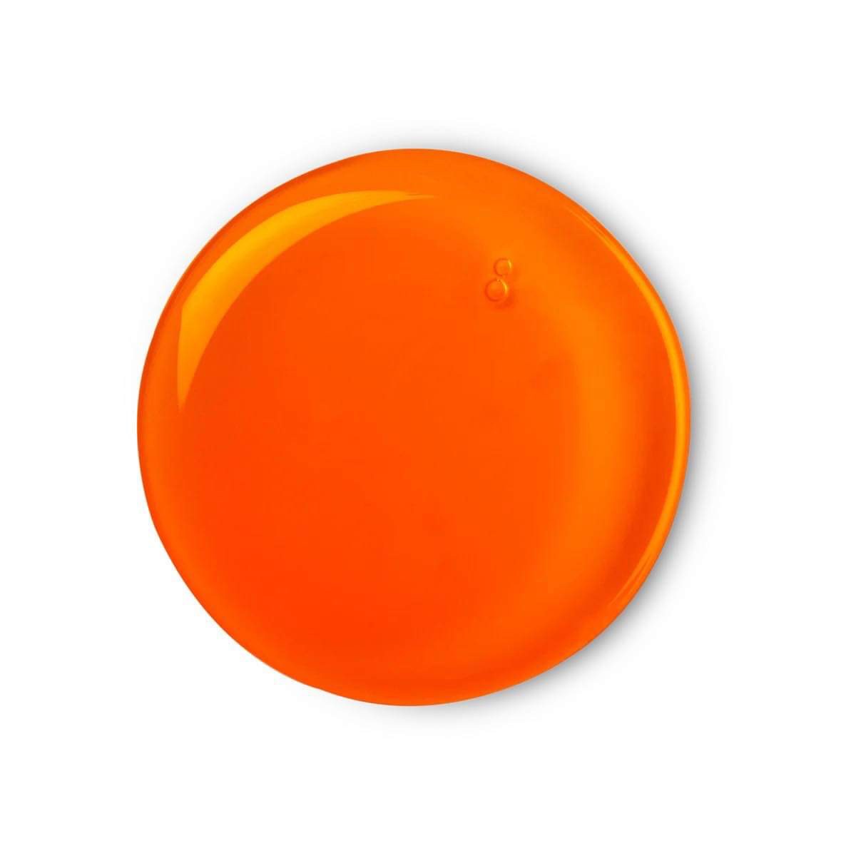 A medium circular puddle of bright orange shower gel, on a white background.