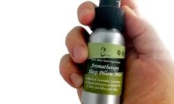 A tall cylindrical silver aluminium bottle with a black Plastic Pump Lid and a bright green label that has Estia Soaps Aromatherapy Sleep Pillow Mist written in bold white writing on it, on a white background.