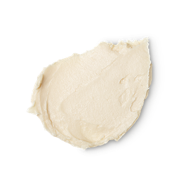 A medium circular puddle of some creamy white Facial Scrub that has some pieces of Bamboo Stem Extract running through it, on a white background.