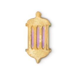A large bright yellow lantern shaped bath bomb that has some specks of bright blue and pink all over it, on a white background.