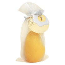 I'm Going On An Easter Egg Hunt Around Yorkshire | The Yorkshire Soap Company Easter 2022 Range A large bright yellow egg shaped block of soap inside a large bright yellow Organza Bag with a bright yellow label that has The Yorkshire Soap Company Marshmallow & Peach Easter Egg Soap written in bold black writing and a picture of a large fried egg with a bright yellow yolk on it, on a white background.