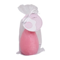 A large bright pink egg shaped block of soap inside a large bright pink Organza Bag with a bright pink label that has The Yorkshire Soap Company Marshmallow & Peach Easter Egg Soap written in bold black writing and a picture of a large fried egg with a bright pink yolk on it, on a white background.