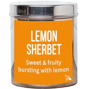 A short cylindrical silver metal tin with a golden yellow label that has bird & blend tea company Lemon Sherbet Loose Leaf Tea written in bold white writing on it, on a white background.