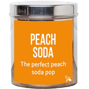 A short cylindrical silver metal tin with a light pink label that has bird & blend tea company Peach Soda Loose Leaf Tea written in bold white writing on it, on a white background.