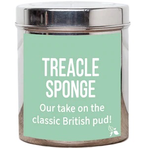A short cylindrical silver metal tin with a light blue label that has bird & blend tea company Treacle Sponge Loose Leaf Tea written in bold white writing on it, on a white background.