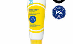 A tall conical white plastic tube with a bright yellow lid that has Bliss Block Star SPF30 Invisible Daily Sunscreen written in dark blue writing and a picture of a bright yellow circle on it, on a white background.