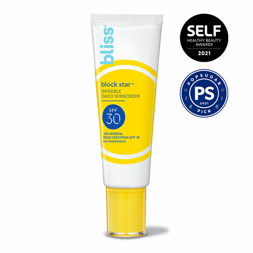 The Bliss Of Finding A Sunscreen That I Can Wear Every Day | Bliss Block Star SPF30 Invisible Daily Sunscreen A tall conical white plastic tube with a bright yellow lid that has Bliss Block Star SPF30 Invisible Daily Sunscreen written in dark blue writing and a picture of a bright yellow circle on it, on a white background.