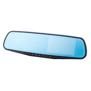 A large rectangular black Plastic mirrored DashCam that has some large circular black buttons on it, on a white background.