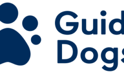 A picture of a large white dogs paw that has Guide Dogs written in bold white writing underneath it on a bright blue background.