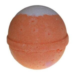 A large spherical shaped bright orange Bath Bomb, on a white background.