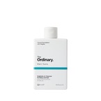 A tall rectangular white plastic bottle with a white plastic lid that has The Ordinary Sulphate 4% Cleanser for Body and Hair written in bold black writing and a picture of a dark blue stripe on it, on a white background.