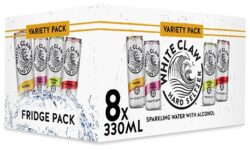 A large rectangular white cardboard box that has White Claw Hard Seltzer written in bold black writing, some pictures of some tall cylindrical black metal cans, and a picture of a gold stripe on it, on a white background.