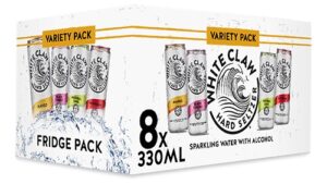 A large rectangular white cardboard box that has White Claw Hard Seltzer written in bold black writing, some pictures of some tall cylindrical black metal cans, and a picture of a gold stripe on it, on a white background.