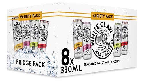 His Special Day | Father's Day 2022 Gift Guide | Gifted A large rectangular white cardboard box that has White Claw Hard Seltzer written in bold black writing, some pictures of some tall cylindrical black metal cans, and a picture of a gold stripe on it, on a white background.