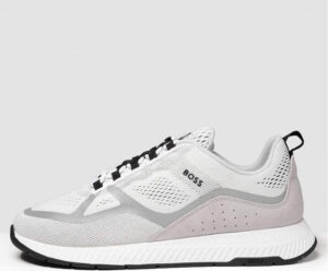 A pair of black mesh trainers with some bright white laces, on a white background.