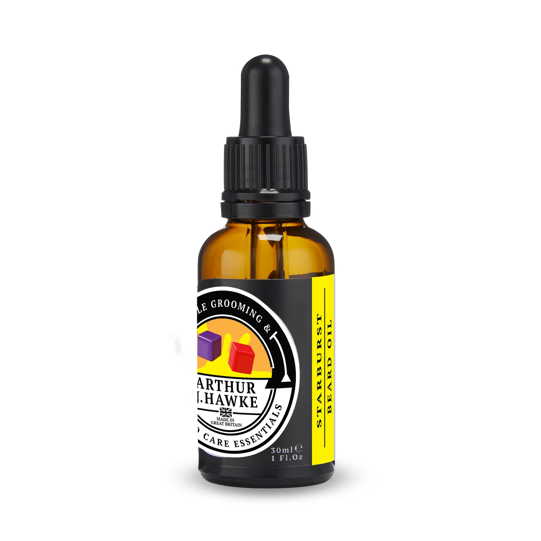 My Beard Is Looking Unbelievably Juicy | Arthur J Hawke Starburst Beard Oil A short cylindrical brown glass bottle with a black rubber pipette lid and a white label that has Arthur J Hawke Starburst Beard Oil written in bold white writing and a picture of a black and white hawk on it, on a white background.