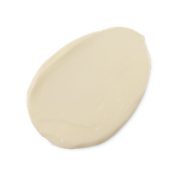 A medium circular puddle of some creamy white moisturiser, on a white background.