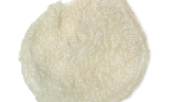 A medium circular puddle of some creamy white body scrub that has some pieces of Sea Salt running through it, on a white background.