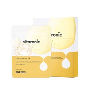 A tall rectangular white plastic pouch that has SNP Prep Vitaronic Ampoule Mask written in bold black writing, a picture of a bright yellow stripe, and a picture of a pale yellow bubble on it, on a white background. 
