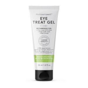 A short conical white plastic tube with a black Plastic lid that has The Beauty Worx Eye Treat Gel written in bold black writing and a picture of a bright green stripe on it, on a white background.