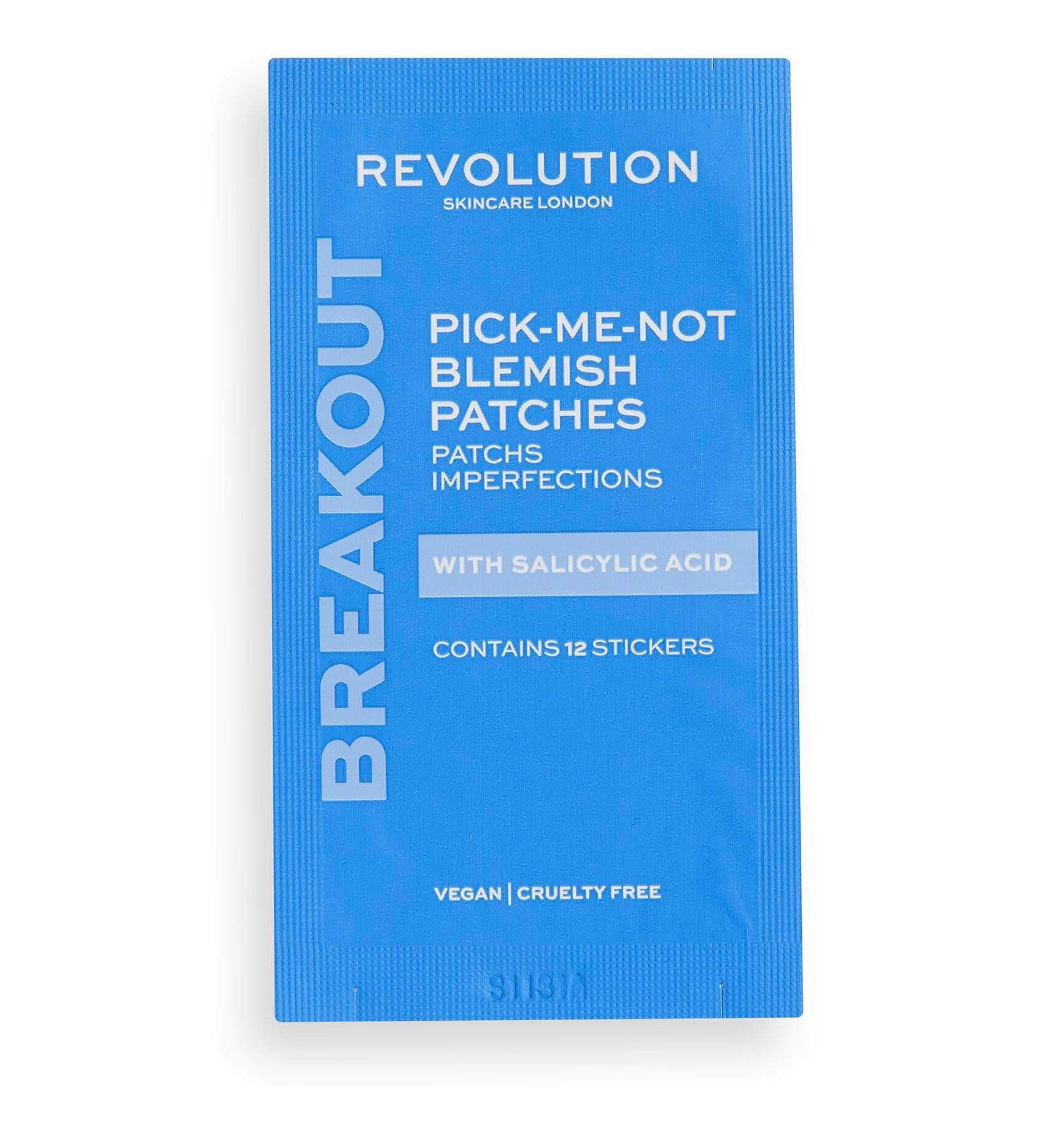 The Revolution To Blemish Prone Skin | Revolution Skincare Pick-Me-Not Blemish Patches A small rectangular dark blue cardboard Box that has Revolution Skincare Pick-Me-Not Blemish Patches written in bright white writing on it, on a white background.