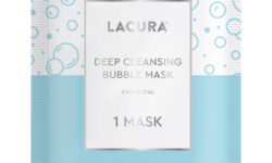 A tall rectangular light blue and white gradient plastic pouch that has Aldi Lacura Deep Cleansing Bubble Mask written in bold silver writing and a picture of a bright white box on it, on a white background.